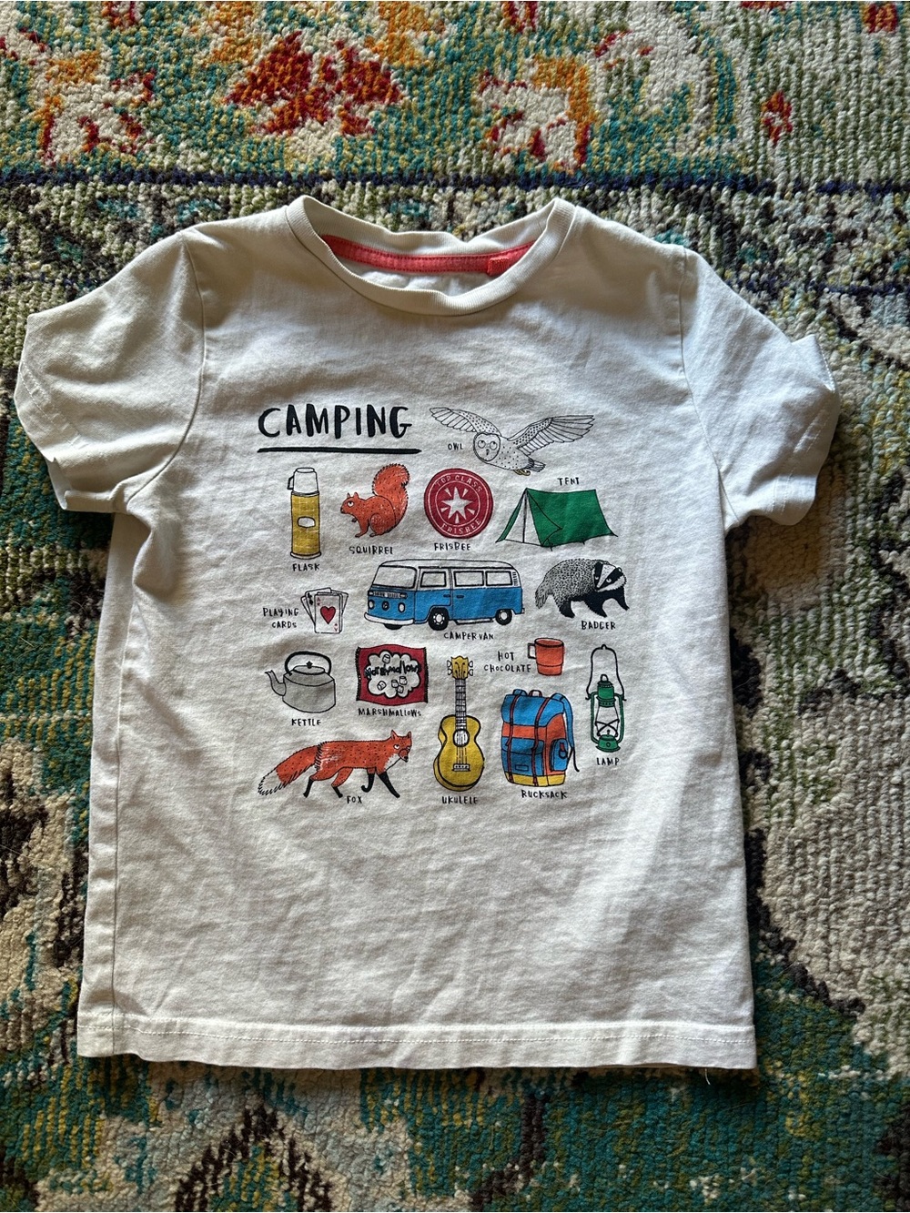 Mini Boden White Kids' Camping Graphic Tee with Multicolor Prints